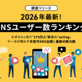 【無料レポート】2026年最新！SNSユーザー数ランキング〜わずか4ヶ月で“279万人”獲得の「setlog」、データが明かす次世代SNS台頭と最新の勢力図